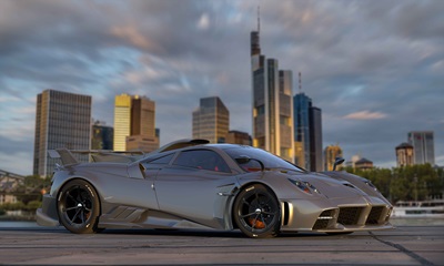 A Pagani Hypercar against a city skyline