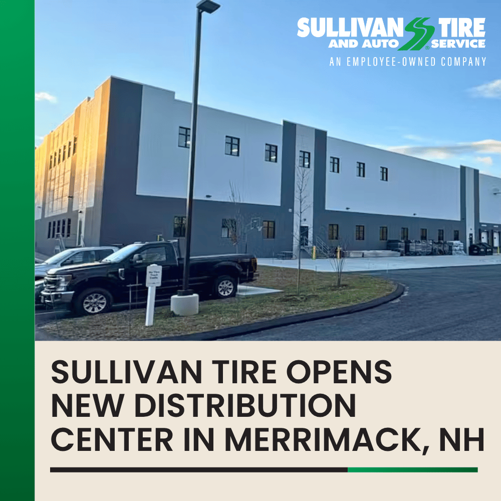 "Sullivan Tire Opens New Distribution Center in Merrimack, NH" News headline text over an image of the warehouse
