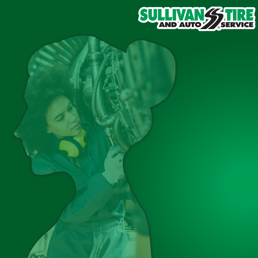 A woman's silhouette with a female mechanic overlayed on a green shadowed background with the Sullivan Tire logo in the upper right corner